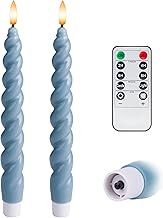 Full Twisted Spiral Flameless LED Taper Candles – Dusty Blue, Set of 2 – 2/4/6/8-Hr Timer (24-Hr Mem
