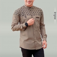 Baju Koko Pria Lengan Panjang Kombinasi Batik Klasik Motif Bima Warna Cokelat Bahan Katun Toyobo Pre