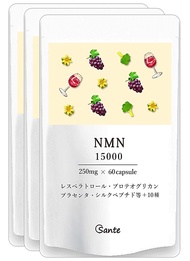 日本サンテ NMN 15000（1粒250mg）日本製 純度100 美容成分10種 β型 耐酸性 GMP チタン不使用 (60粒×3袋)