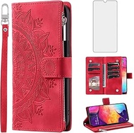 Asuwish Phone Case for Samsung Galaxy A50 A50S A30S Wallet Cover with Tempered Glass Screen Protector and Mandala Flower Flip Zipper Card Holder Cell A 50 50S 30S S50 50A SM A505G Women Men Red