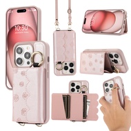 Wave Style Rose Floral Flower Crossbody Wallet Case for iPhone 15 Pro Max iphone 14 Pro Max iPhone 13/12 Pro Max iphone 11 Case Credit Card Holder Leather Wristband bracket Crossbody Strap Lanyard Ribbon iphone Case