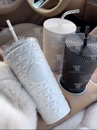 星巴克黑白月菱格紋591ml吸管杯子浪漫紫色黑白綠漸變漫0 保溫杯 水杯 水壺 戶外 保溫瓶