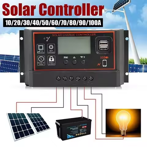 10/20/30/40/50/60/70/80/90/100A New Solar Controller LCD Screen Digital Display Automatic Solar Pane