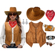 Western Cowgirl Outfit Set - Fringe Vest, Cowboy Hat, Sunglasses, Bandana - Halloween Costume for Wo