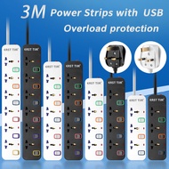 3M Extension Lead, 3/4/5/6 Way Socket Outlets Power Strips with 4 USB, Overload protection Multi Plu
