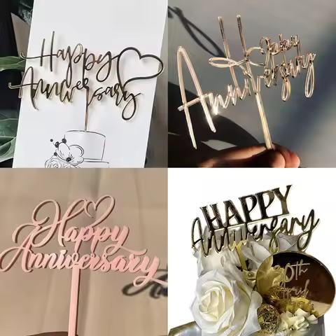 INS Happy Anniversary Cake Topper Gold Acrylic Valentine's Day Party Cake Topper Gift for Wedding An