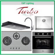 (5-in-1 Bundle) Turbo 77cm Stainless Steel 3 Burner Cooker Hob + 90cm Cooker Hood + Sink + Tap + Multifunction Oven