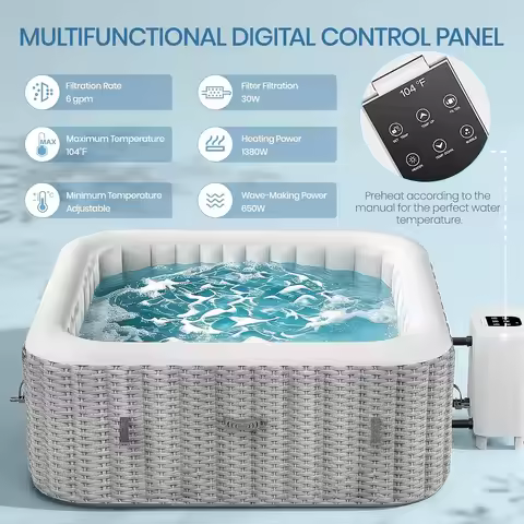 4-6 Person Square Inflatable Hot Tub,73 Inch,Bubble Massage,Portable Outdoor Spa Set, Custom