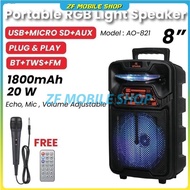 AO-821 20W 8 inci karaoke Bluetooth wireless speaker dengan USB aux FM speaker luar dengan paparan L