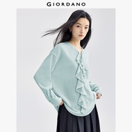 GIORDANO ผู้หญิง เสื้อเชิ้ต แต่งกระดุม ระบาย ปะติดปะต่อ เสื้อเชิ้ต คอวี แขนยาว เสื้อเชิ้ตแฟชั่นลำลอง