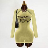 Ladies' New Sexy Semi-Transparent Printed Long-Sleeved Dress, Net-Silk Printed, YK2 Cool Girl Style.