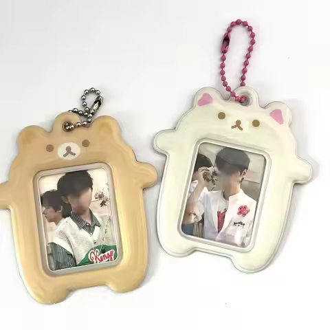 Teddy Bear Photo Frame 2-Inch Protective ID Case with Chain, Wipe-Clean Surface for K-POP Display, D