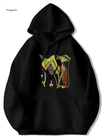Vintage Botanical Hoodie - Carnivorous Pitcher Plant Print Sweatshirt | Soft Fleece Pullover Hooded 