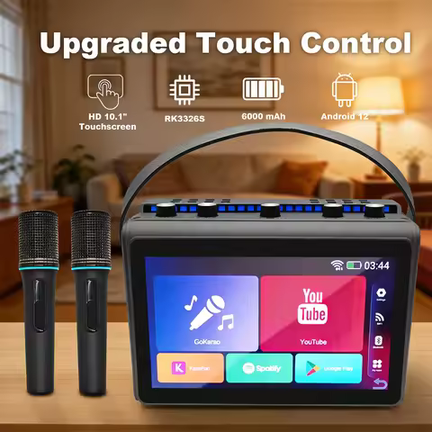 Portable Karaoke With 2pcs Wireless Microphones & Touch Screen TV For Home Party Outdoor KTV System 
