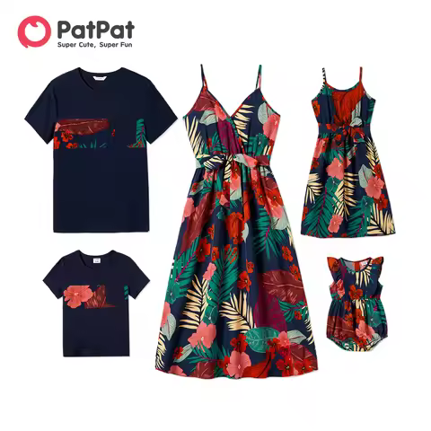 PatPat Family Matching Outfits Plant Floral Print Slip Dresses and Short-sleeve T-shirts Family Look