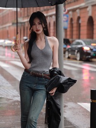 Azure French Vintage เสื้อกั๊กผ้าวูล ถัก หลากหลาย คอแขวนเปลือย พรางหุ่น Office Commute ฤดูใบไม้ร่วง 