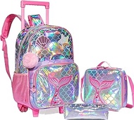 3PCS Rolling Backpack for Girls Backpack with Wheels School Bag with Lunch Bag &amp; Pencil Pouch Wheeled Backpack Kids
