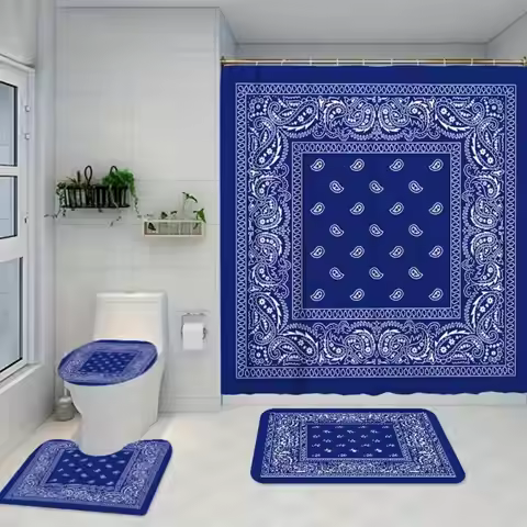 1/4 PC Vintage Blue Floral Pattern Bathroom Set, Shower Curtain, Hotel Shower Curtain Set with 12 Ho