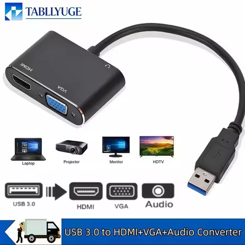 USB 3.0 to HDMI‑Compatible VGA Adapter 3‑in‑1 1080P USB to HDMI‑VGA Video Converter with Audio Outpu