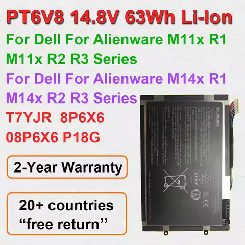 14.8V 63Wh PT6V8 Laptop Battery For DELL For Alienware M11x M14x R1 R2 R3 Series T7YJR 8P6X6 08P6X6 