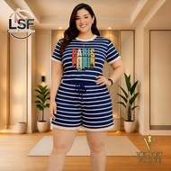 "Plus Size Cotton Spandex Terno Set Shirt Short with Pockets" Batwing Sleeve Stripes Set