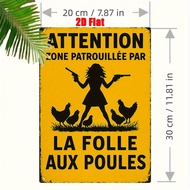 Playful Chicken Silhouette Metal Sign - 1pc 2D Flat French "Attention..." 7.8x11", Farm Ranch Home D