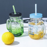 500ml Colored Mason Jar With Reusable Straw Bottle Glass Mug Emboss Cold Drink Summer Collection