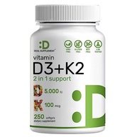 250 Count วิตามิน D3+K2 DEAL SUPPLEMENT Vitamin D3 K2 Softgel 2-1 Complex Vitamin D3 5000 IU & Vitam