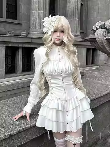 Elegant White Gothic Lolita Dress Corset Detail Tiered Ruffle Long Sleeve Harajuku Subculture Kawaii