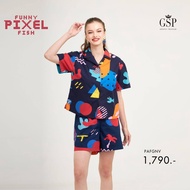 GSP เสื้อผู้หญิง Funny Pixel fish ปกฮาวาย แขนสั้น สีกรม (PAFGNV)