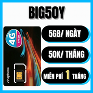 ( SẴN 1 THÁNG ĐẦU ) Sim 5G Vinaphone Gói BIG50Y Data 5GB/ngày + Không Giới Hạn Data Xem YOU TIK ZA
