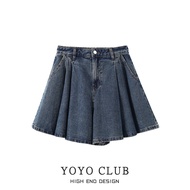 Yoyo Club Retro High Waist Wide Leg Denim Shorts - Summer A-Line Blue