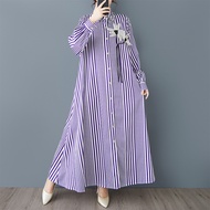 XITAO Stripe Single Breasted Lapel Flower Dress Casual Full Sleeve Loose Fitting Simple Ankle-length