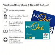 A3 Paper Ik/PaperOne/Double A – A3 Kertas 70gsm/75gsm/80gsm Printing Paper (500 Sheets/Ream) –1 Ream