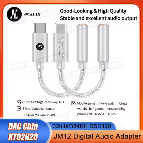 JCALLY Type-C to 3.5mm KTO2H20 HiFi DAC JM12 Digital Audio Adapter Type C to 3.5mm Headphone AMP 32b