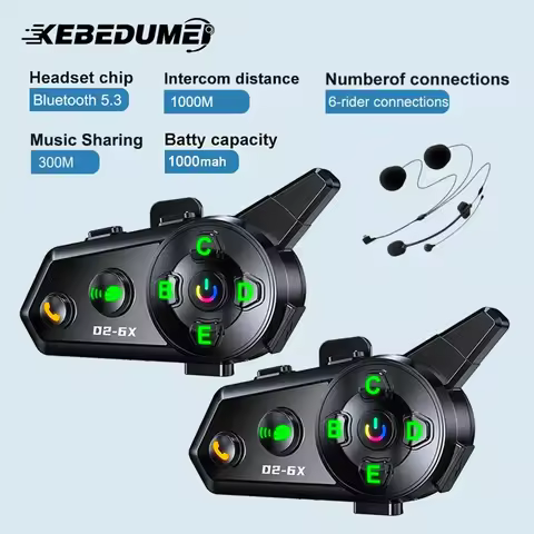 Kebidumei D2-6X Motorcycle Helmet Intercom Headset 1000M Wireless Interphone Communicator for 6 Ride