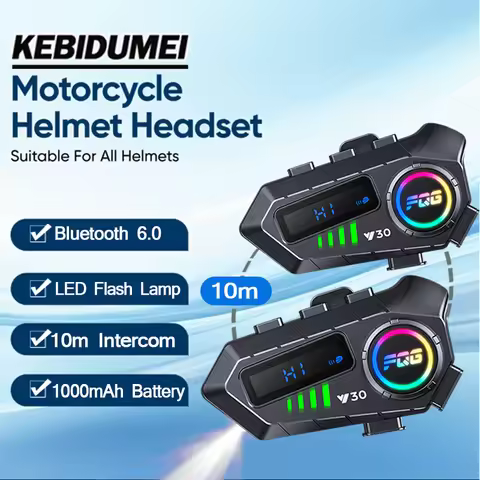 KEBIDUMEI Y30 10m Motorcycle Helmet Intercom V6.0 Bluetooth Headset Handsfree 1000mAh Battery IP56 W
