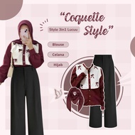 Coquette 3-in-1 Teenage Outfit Set [Ribbon Blouse + Loose Pants + Square Hijab] LM111