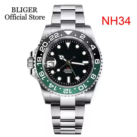 40mm Left Hand NH34A 200M Waterproof 40mm Black Dial GMT Function NH34 GMT Automatic Watch Men Ceram