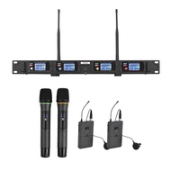 Muslady D4-3 Professional 4-Channel UHF Wireless Microphone System Includes 2 Lapel Mics with Bodypack Transmitters + 2 Handheld Mics + 1 Rack-Mount Receiver for Business Meeting Public Speech Classroom Teaching