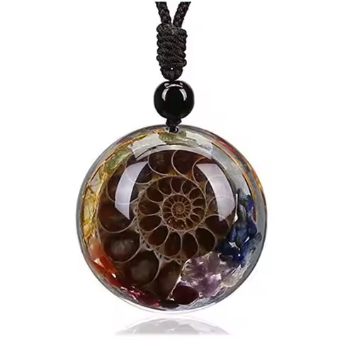 Ammonite Cabochon Stone Pendant Necklaces For Women Men Natural Chakra Amethyst Quartz Resin Pendant
