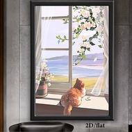ภาพผนังแคนวาส 2D แบน 1 ชิ้น - แมวหน้าต่างพร้อมดอกไม้สีส้มและดอกไม้ขาว โปสเตอร์แนว Art Deco สำหรับบ้า