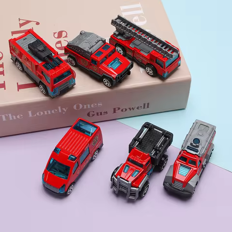 6pcs/set Diecast Alloy Plastic Fire Rescue Truck Vehicle Metal Truck Model Car Toys Realistic Mini F