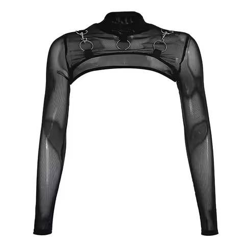 Women's Gothic Mesh See Through Long Sleeve Turtleneck Bolero Shrug Crop Tops Black O-ring Metal Det