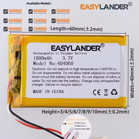 SH1.0mm 3Pin 3.7V 1000mAh 404060 Lithium Li-ion Lipo Polymer Battery 304060 704060 504060 604060 104