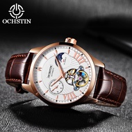 OCHSTIN Automatic Men Watch Analog Skeleton Mechanical Male Clock Luxury Stainless Steel Case Leather Strap with Sun Moon Phase LYUE