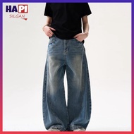 Retro Washed Pleated Curved Jeans Men American Loose Casual Wide-Leg baggy Pants