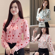 🍄Ready Stock⚡Korean Style Plus Size Shirt Lace Bow Dot Printed Long Sleeve Women Chiffon Blouse Murah Labuh Blause Wanita Baju Kemeja Perempuan