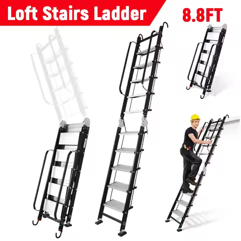 8.8FT Foldable Aluminum Alloy Attic Ladder with Handrails Hooks Loft Ladder 10 Step for Loft Attic D
