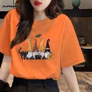 เสื้อยืด ผญสวย ๆ ฮาโลวีนน่ารักสัตว์พิมพ์เสื้อยืดผู้หญิงสบายๆและสวยเสื้อแขนสั้นผู้หญิงฮาโลวีนสีส้มแฟช